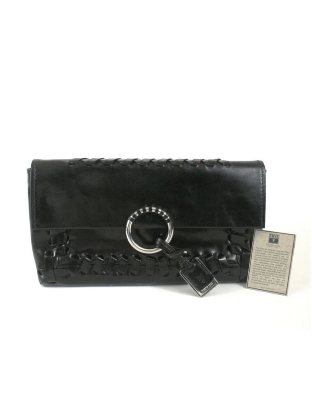 Frye Women’s Black Leather Clutch Bag Whipstitch Tassel Caroline Zip Closure